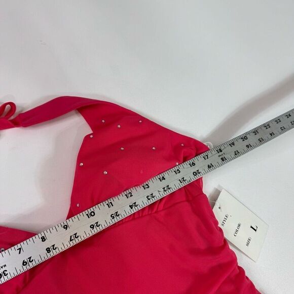 Taboo Mini Dress Womens Large Pink Halter Gemstones Y2K Stretch Tiered Ruffle - Picture 5 of 10